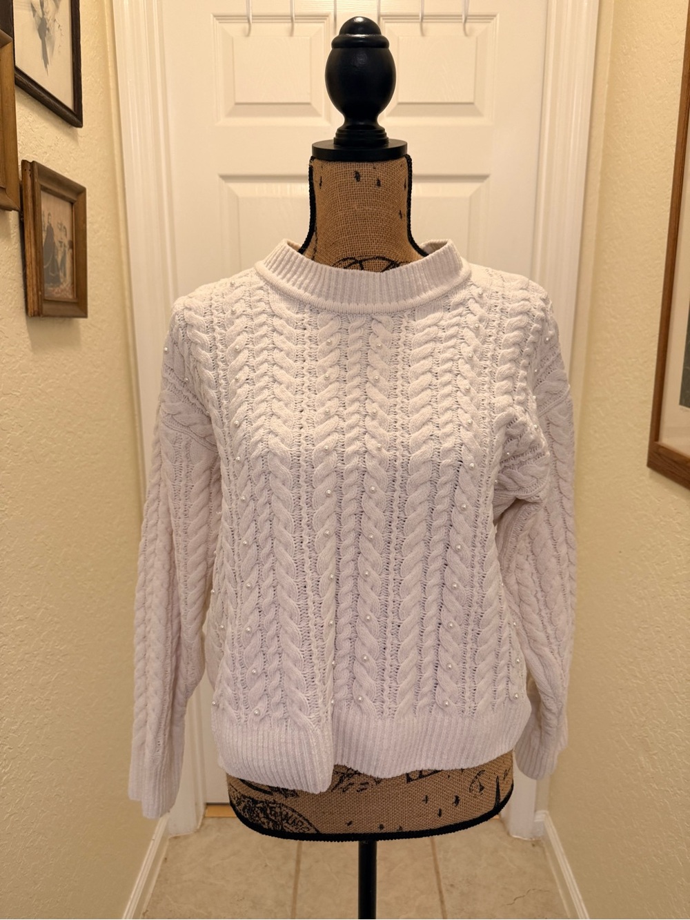 Cynthia Rowley Ivory Pearl Embellished Cable Knit Chenille Sweater Size M